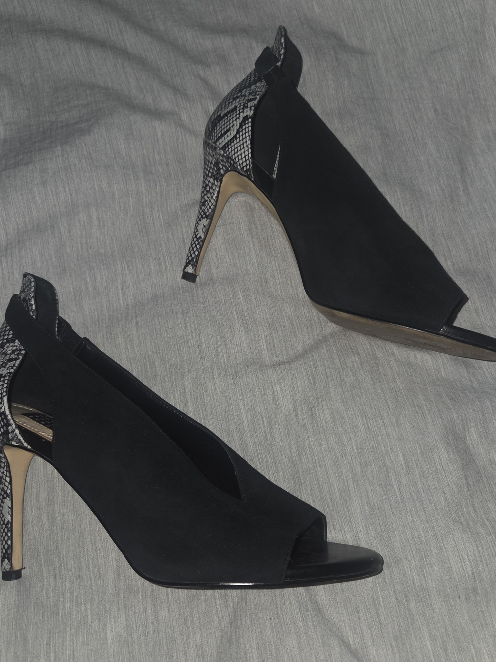 White House Black Market Black Suede Peep-Toe Heels with Snake-Print Accent